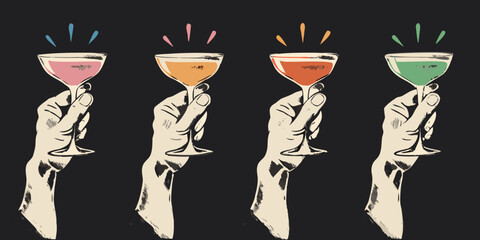 Hands holding colorful cocktail glasses in a row celebration illustration