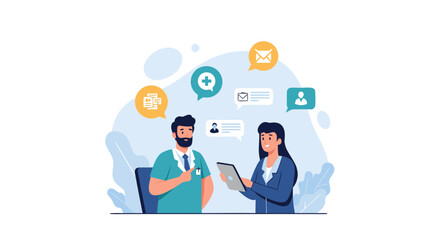 Engaging healthcare consultation with modern communication, doctor and consultant, professional services, digital health solutions, vector illustration