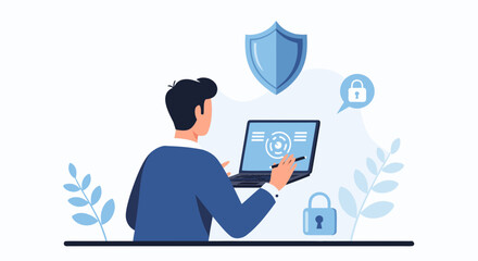 Secure Digital Transformation: Businessman manages cybersecurity with laptop, shield, and padlock icons, emphasizing data protection and privacy compliance