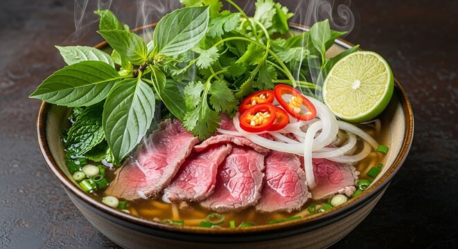 Steaming bowl of Vietnamese Pho with fresh herbs rare beef and vibrant toppings close up shot perfect for food blogs or culinary websites