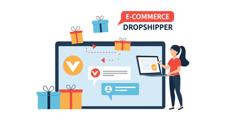 E-commerce success with dropshipping woman using laptop and digital marketing, perfect for online business and modern sales strategies, originally vector art