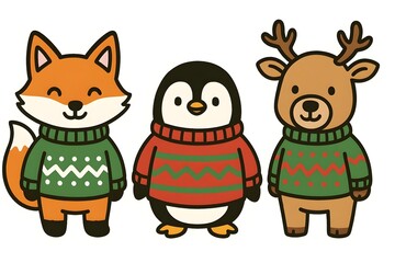 Fototapeta premium Adorable fox, penguin, and reindeer in knitted Christmas sweaters, flat kawaii style festive winter animals on white background.