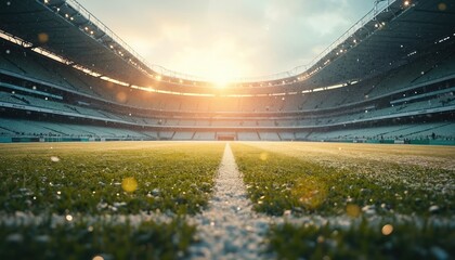 Snow falls on an empty soccer stadium field as the sun sets. The green grass is covered in white flakes under stadium lights. The arena is quiet and deserted.