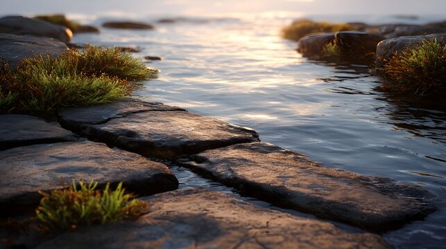 A serene wet pathway of natural stones and green grass bordered by shimmering water reflecting the warm golden light of sunset or sunrise