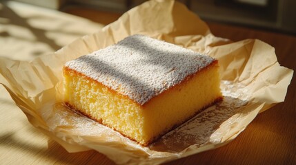 Golden Square Cake Slice Dusted with Powdered Sugar, Bathed in Sunlight