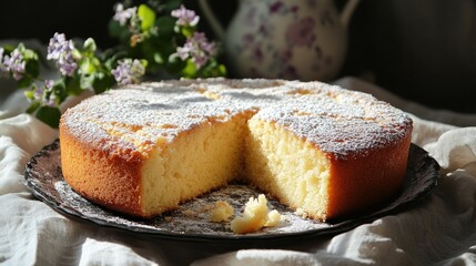 Sweet Homemade Sponge Cake with Powdered Sugar and a Slice Removed