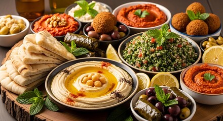 A vibrant and enticing display of Middle Eastern cuisine featuring hummus tabbouleh falafel and various delicious meze dishes served on wooden board