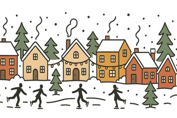 Whimsical winter village with cozy houses, pine trees, falling snow, and people ice skating festive hand-drawn style on white background.