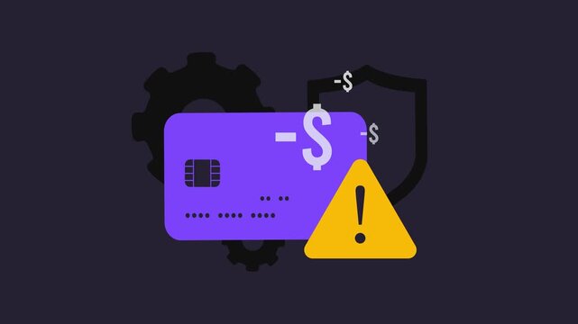 Credit card fraud alert flashes yellow warnings and lock icons. Credit card fraud alert protects online payments. 10-second loopable 2D motion graphic explainer for banking security 2026 video clip