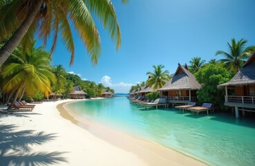 Fototapeta premium Tropical overwater bungalows line a serene turquoise lagoon and white sand beach. Palm trees cast shadows on shore, offering a tranquil paradise vacation. Sunny day, clear blue sky.