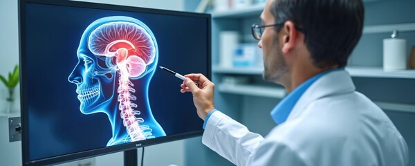 Doctor points at brain scan on monitor. Medical pro analyzes head and spine x-ray with glowing red areas. Neurological diagnostics in clinic.