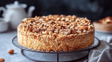 Appetizing Almond and Walnut Crumble Cake on a Black Cooling Rack