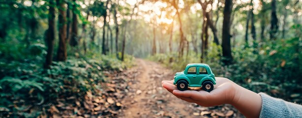 A hand is shown moving a toy green wooden car in extreme closeup, symbolizing eco-friendly mobility with a green nature background