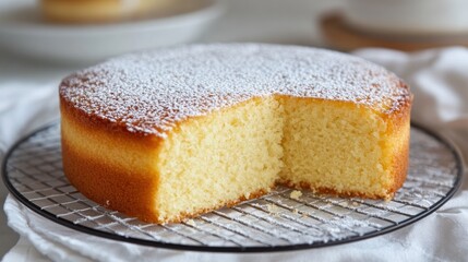 Delicious Homemade Sponge Cake with Powdered Sugar and a Missing Slice