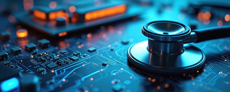 Stethoscope rests on glowing circuit board. Represents digital health medical tech innovation. Analyzing computer system diagnostics data. Future healthcare tech concept.