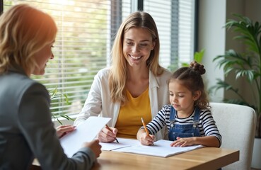 Mother and daughter sign papers with social worker. Family meeting in office to complete paperwork. People discuss legal agreement or adoption process. Child draws while parent signs.