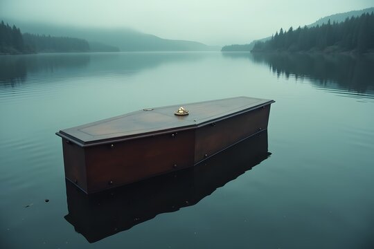 A sealed coffin floating upright in a quiet lake.