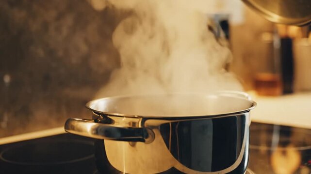 a pot lid lifting as steam escapes dramatically