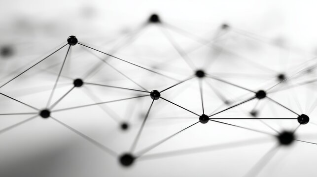 A white background serves as the foundation for a complex digital technology design, comprising a network of interconnected dots and plexus lines, as well as geometric mesh patterns that signify big