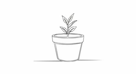 Minimalist single line drawing of a small plant growing in a pot.