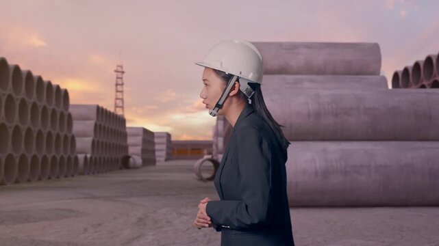 Side View of Asian Businesswoman Walking and Speech at Precast Concrete Pipes Storage