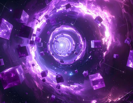 Cosmic tunnel with swirling nebula and floating, purple geometric cubes