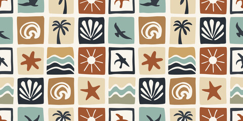 Boho style summer beach pattern with birds palm trees seashells waves and sun © Amrito