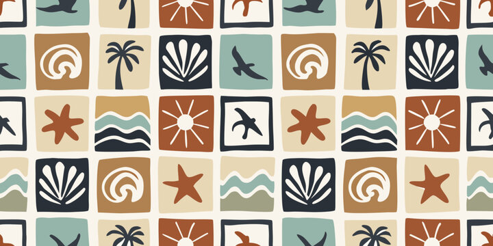 Boho style summer beach pattern with birds palm trees seashells waves and sun