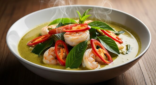 Delicious thai green curry with shrimp red pepper and basil leaves a traditional asian food recipe served steaming hot in a white bowl