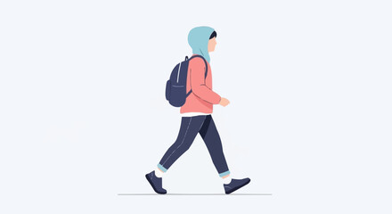 Person walking with backpack and hood, focused on movement and style.