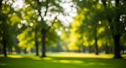 Soft focus view of a sunny park with lush green grass and tall tree silhouette against bright yellow and green light, creating a peaceful, blurred outdoor scene