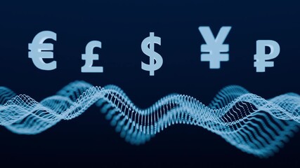 Static global currency symbols hover above a dynamic digital wave representing fluctuating exchange rates. A modern financial concept video illustrating volatility, forex trends, and global market - Powered by Adobe