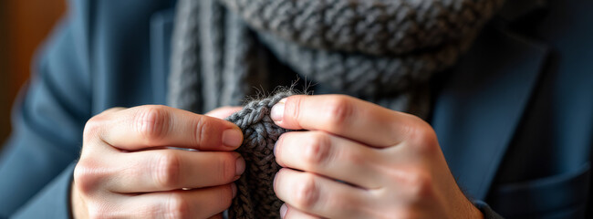 closeup of textured grey wool scarf for sale, studio shot highlighting handcrafted textured grey wool scarf, productfocused studio image featuring finished grey handcrafted scarf with detailed texture