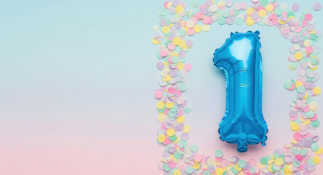 Blue number one balloon surrounded by colorful confetti on gradient background