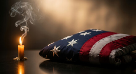 American flag with burning candle and smoke on dark background symbolic imagery