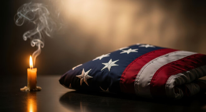 American flag with burning candle and smoke on dark background symbolic imagery - Powered by Adobe