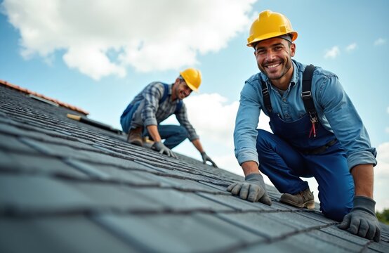 Two construction workers in yellow helmets working on roof. One man smiles at camera installing shingles. Worker in background also busy with task. Clear blue sky provides backdrop for skilled trade