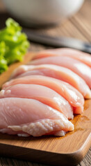 Raw chicken breasts on cutting board with greenery overhead perspective for food visuals