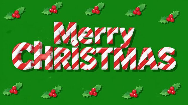 Merry christmas animated text message candy cane stripes green background holly pattern greeting card video