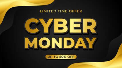 Cyber Monday Sale banner with luxury black and gold wave background, up to 50% off, text effect vector design for sale promotion, e-commerce, marketing ads, events, web, pages and more