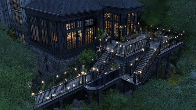 Outdoor decking featuring stairs is manufactured using Trex material