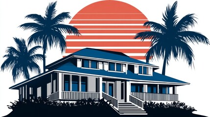 The design of this flat modern logo features a tropical beach house complete with palm trees, making it ideal for use by resorts or vacation rental properties