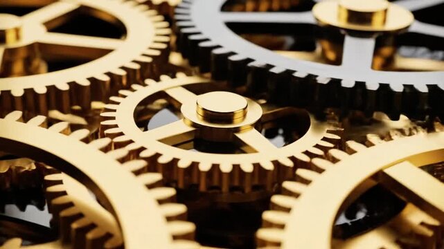 A close up of a clock with many gears, one of which is gold. The gears are all different sizes and are arranged in a way that they all fit together. Concept of precision and complexity