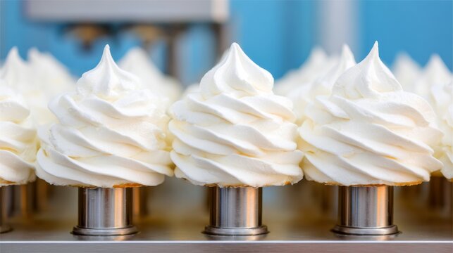 On the production line, whipped cream or meringue is dispensed in swirled shapes, showcasing its smooth and creamy consistency