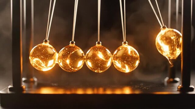 A set of three glass balls are suspended from a string and are in motion. The balls are in motion because of the force of gravity