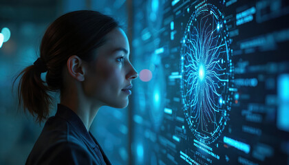Young woman looks at futuristic glowing digital brain interface displaying data streams and code. She interacts with AI technology analyzing complex information on a large screen in a dark room.
