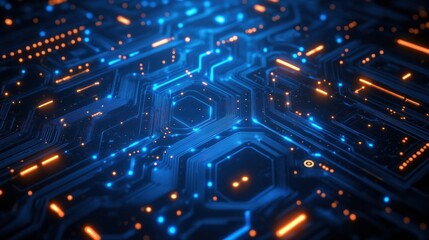 Abstract Futuristic Circuit Board with Luminous Paths and Data Transfer