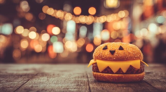 The Halloween burger is a creative food item consisting of a pumpkin bun, cheddar cheese, lettuce, onion, and a spooky face, served in a warm autumn mood illuminated by candlelight