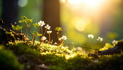 Macro Close-up of Delicate White Wood Sorrel Flowers Growing on Forest Moss in Golden Sunlight