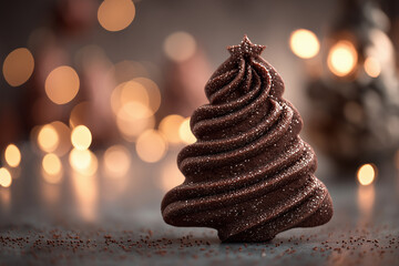 Artistic Chocolate Christmas Tree Cookie with Edible Glitter and Warm Bokeh Lights Background